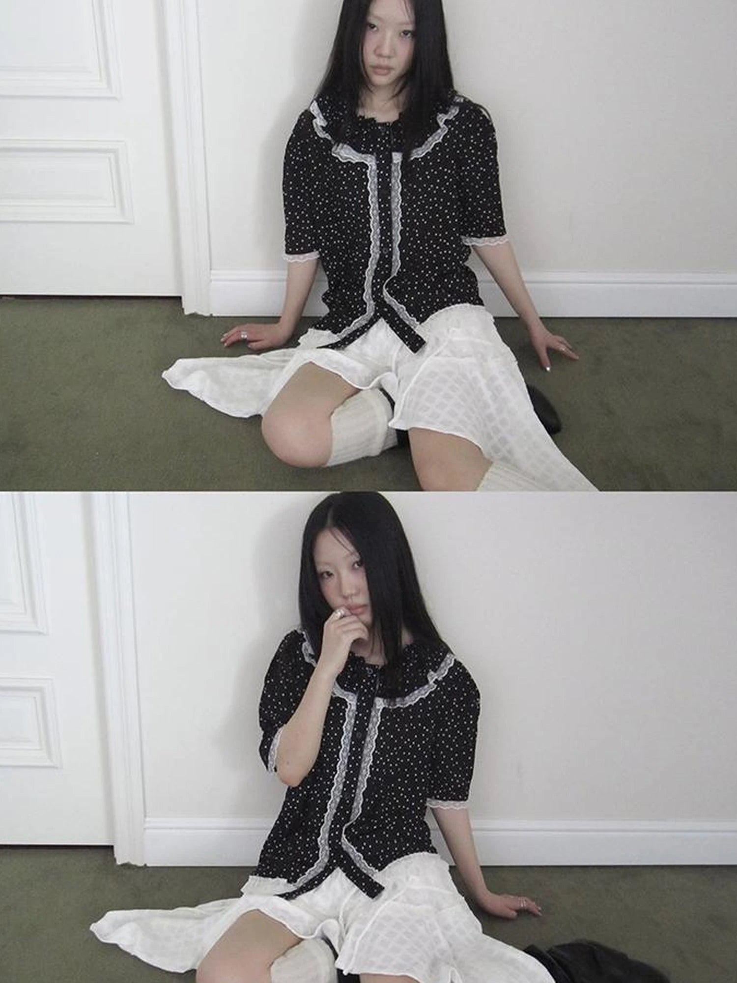 Summer Polka Dot Print Loose Lace Trim Button Short Sleeve Shirt