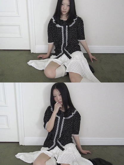 Summer Polka Dot Print Loose Lace Trim Button Short Sleeve Shirt