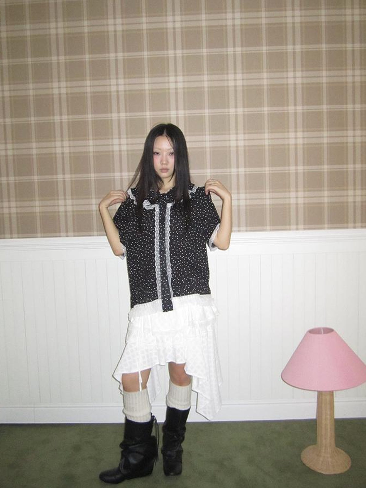 ang project Summer Polka Dot Print Loose Lace Trim Button Short Sleeve Shirt
