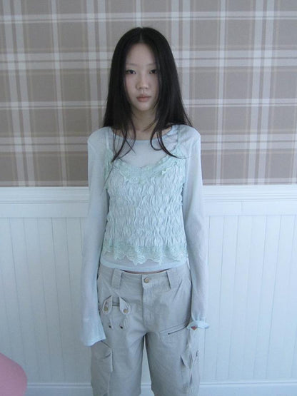 Updateang project Summer Textured Lace Sleeve Layering Vest Set