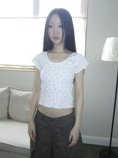 Sweet Floral Bow Short Sleeve T-Shirt Women Stretchy Fit Top