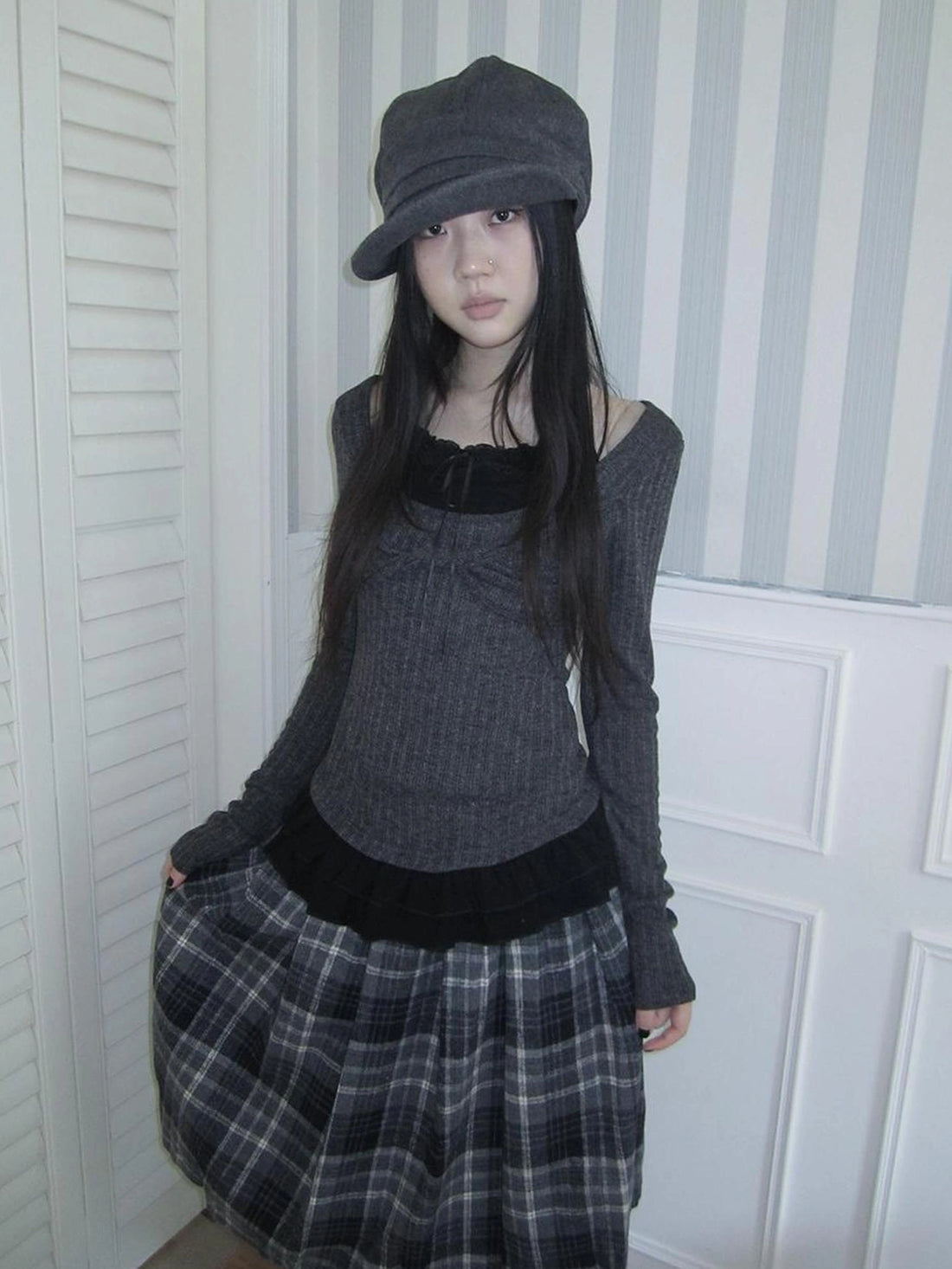 ang project Textured Blend Layered Neck Tie Long Sleeve Tee T-shirt