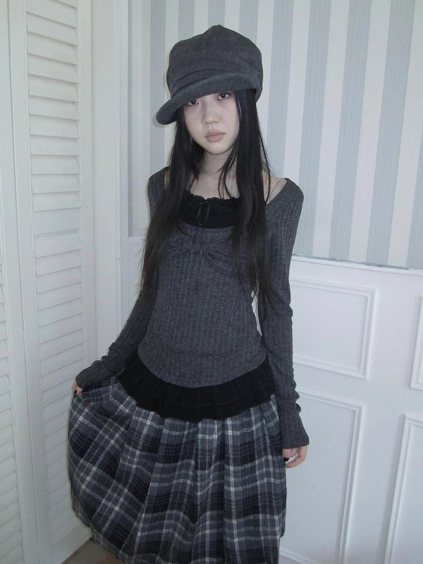 ang project Textured Blend Layered Neck Tie Long Sleeve Tee T-shirt