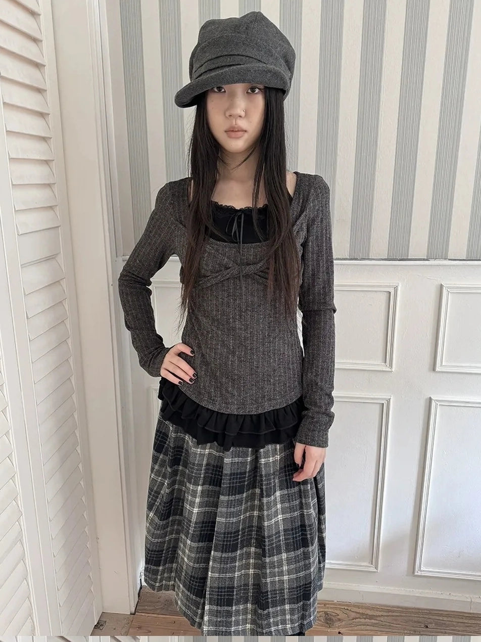 ang project Textured Blend Layered Neck Tie Long Sleeve Tee T-shirt