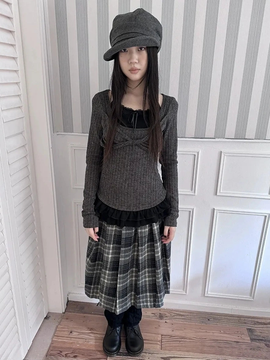 ang project Textured Blend Layered Neck Tie Long Sleeve Tee T-shirt