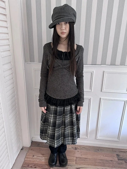 ang project Textured Blend Layered Neck Tie Long Sleeve Tee T-shirt