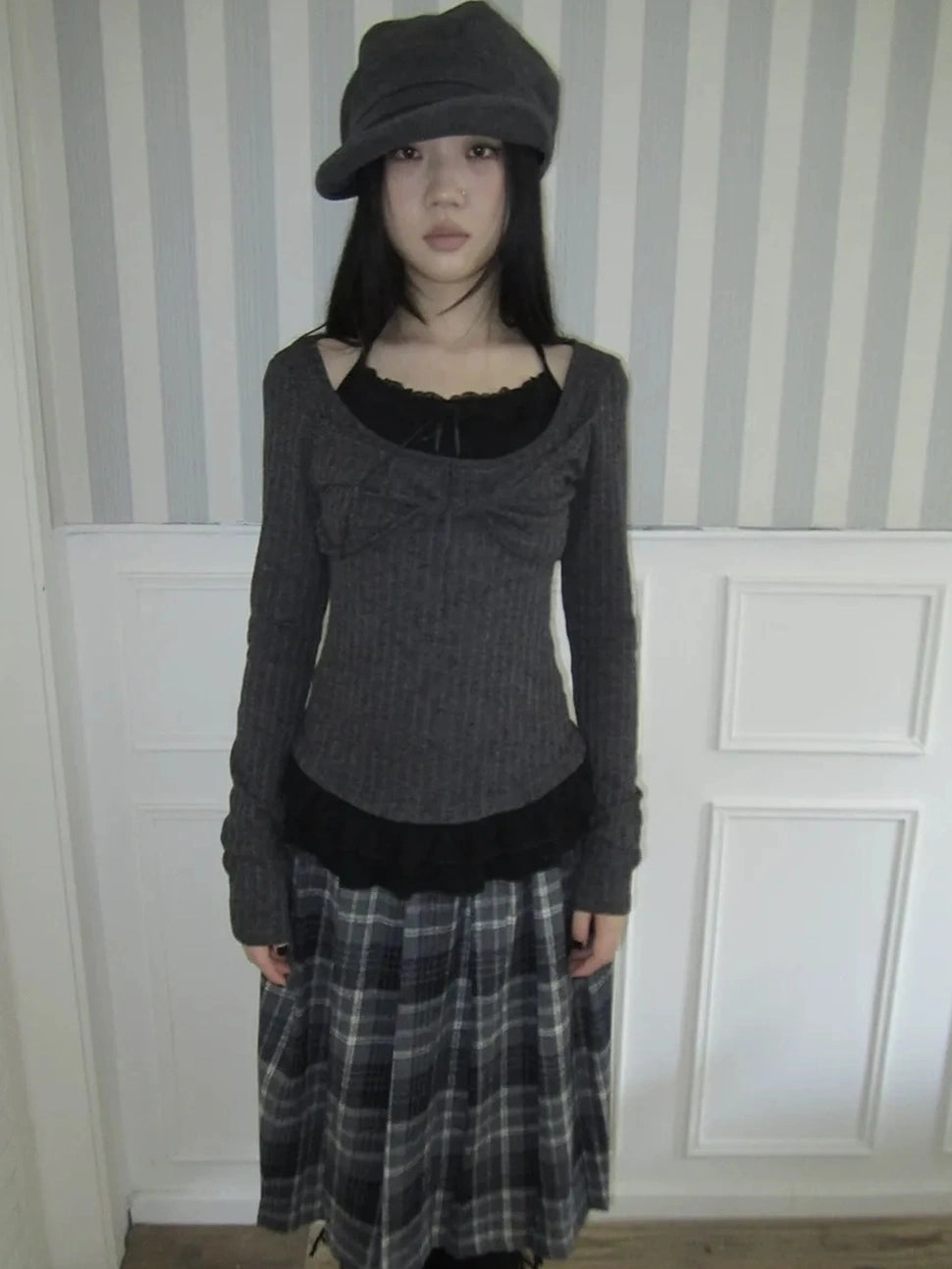 ang project Textured Blend Layered Neck Tie Long Sleeve Tee T-shirt