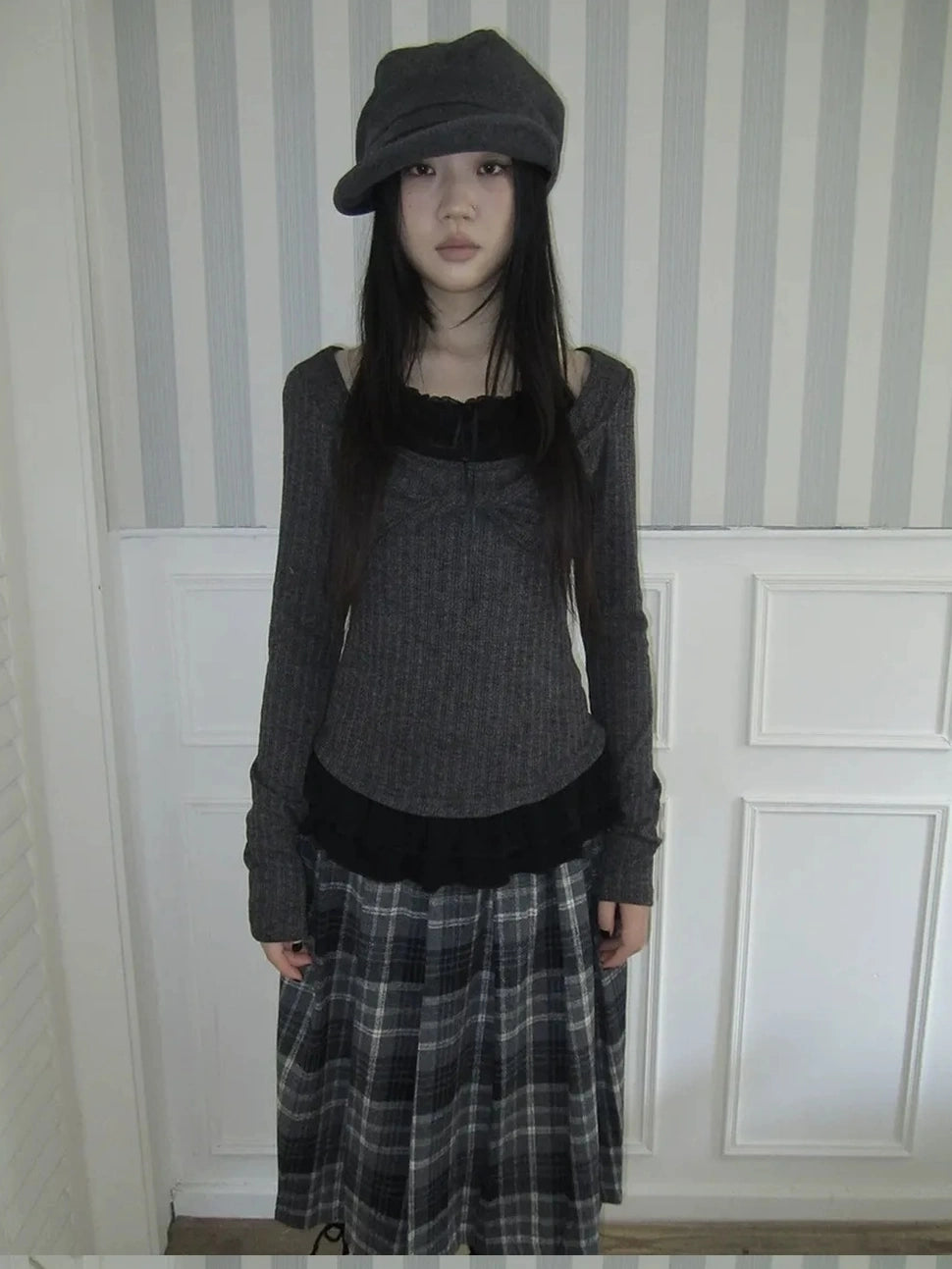 ang project Textured Blend Layered Neck Tie Long Sleeve Tee T-shirt