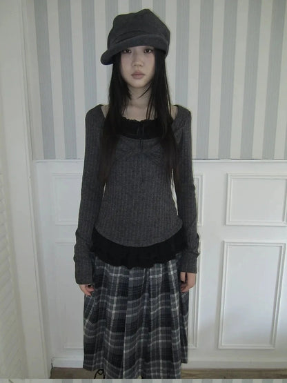 ang project Textured Blend Layered Neck Tie Long Sleeve Tee T-shirt