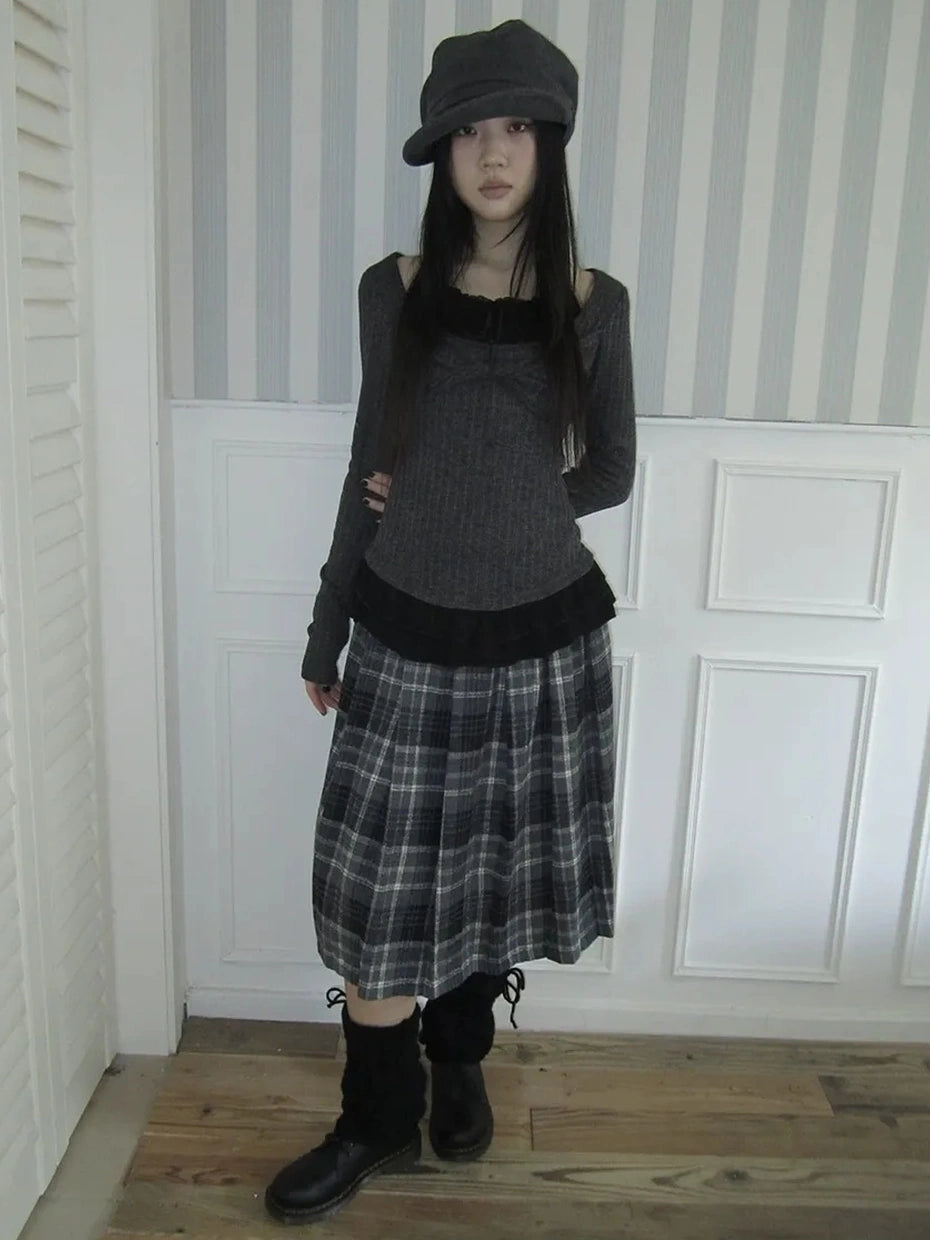 ang project Textured Blend Layered Neck Tie Long Sleeve Tee T-shirt