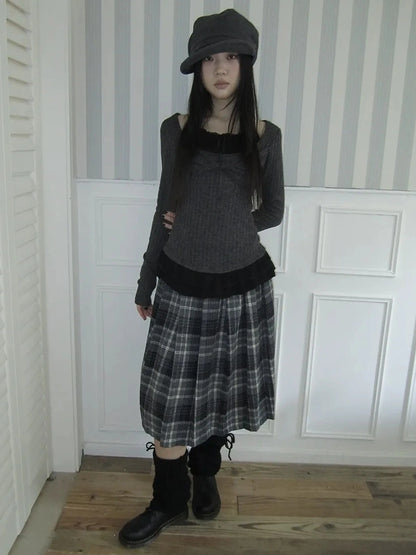 ang project Textured Blend Layered Neck Tie Long Sleeve Tee T-shirt