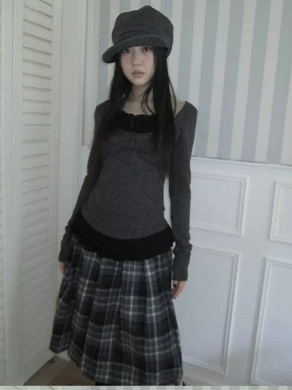 ang project Textured Blend Layered Neck Tie Long Sleeve Tee T-shirt