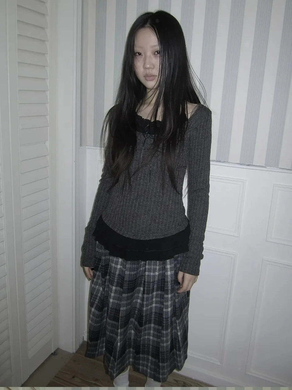 ang project Textured Blend Layered Neck Tie Long Sleeve Tee T-shirt