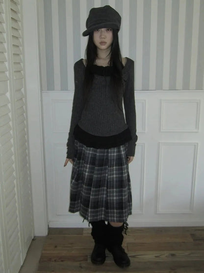 ang project Textured Blend Layered Neck Tie Long Sleeve Tee T-shirt