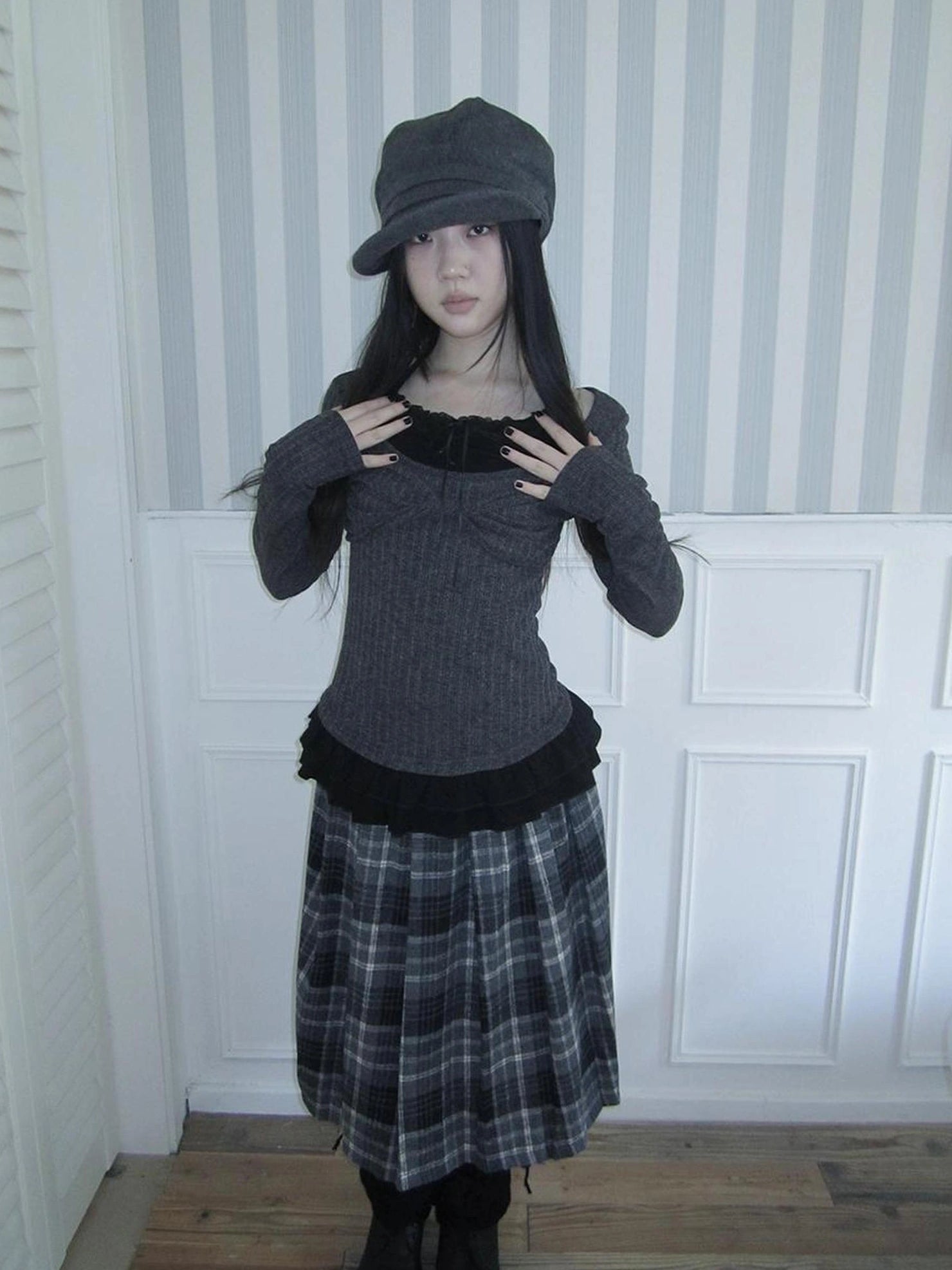 ang project Textured Blend Layered Neck Tie Long Sleeve Tee T-shirt