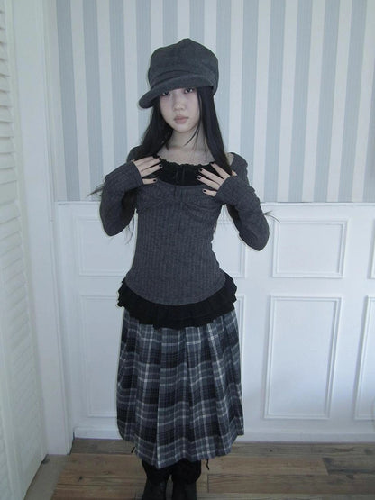 ang project Textured Blend Layered Neck Tie Long Sleeve Tee T-shirt