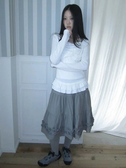 ang project Textured Blend Layered Neck Tie Long Sleeve Tee T-shirt