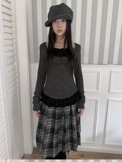 ang project Textured Blend Layered Neck Tie Long Sleeve Tee T-shirt