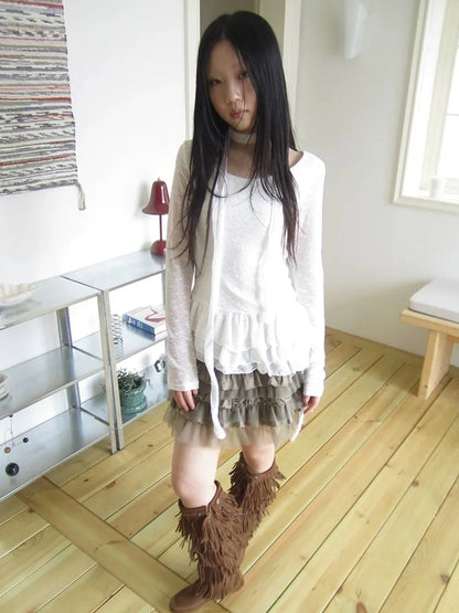 ang project Textured Knit Dress With Scarf And Layered Skirt T-shirt