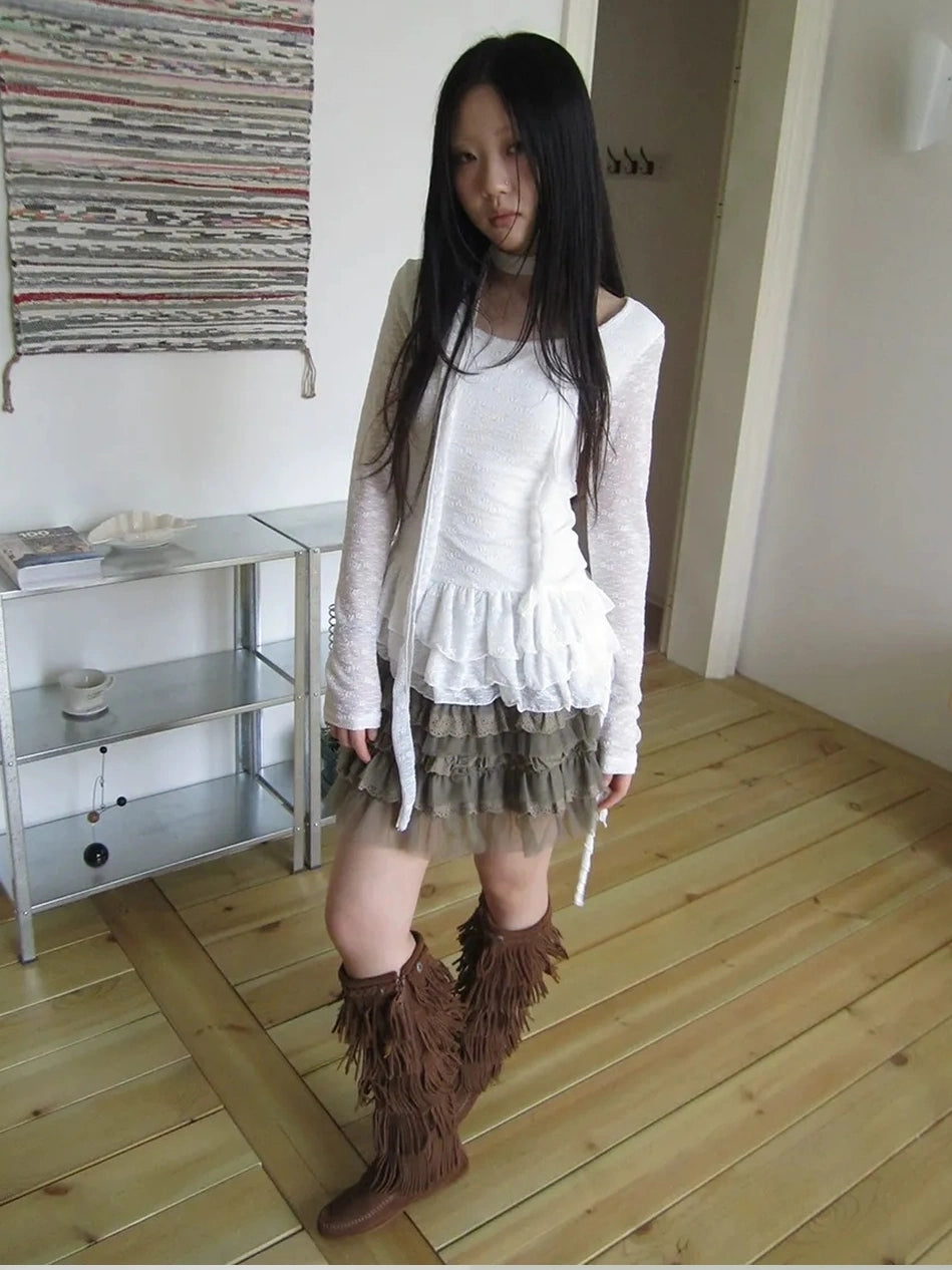 ang project Textured Knit Dress With Scarf And Layered Skirt T-shirt