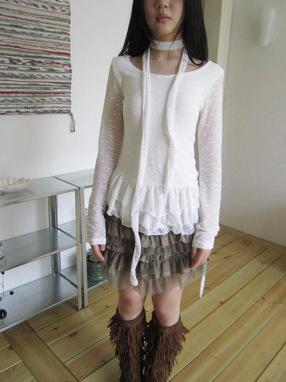 ang project Textured Knit Dress With Scarf And Layered Skirt T-shirt