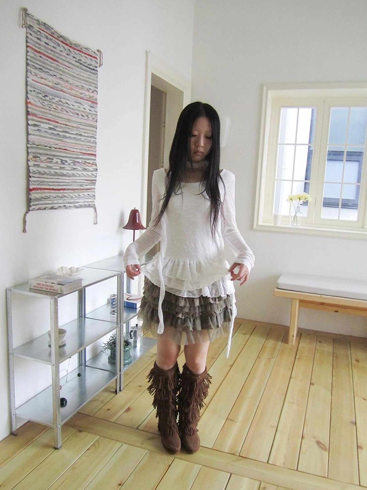 ang project Textured Knit Dress With Scarf And Layered Skirt T-shirt