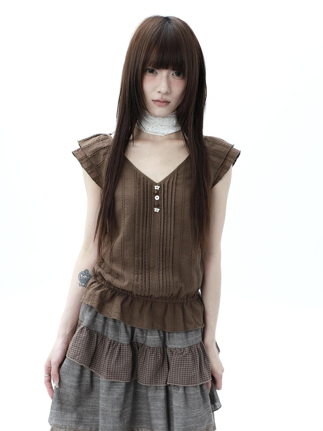 ang project Textured Pleated Ruffle V-neck Flutter Sleeve Women&