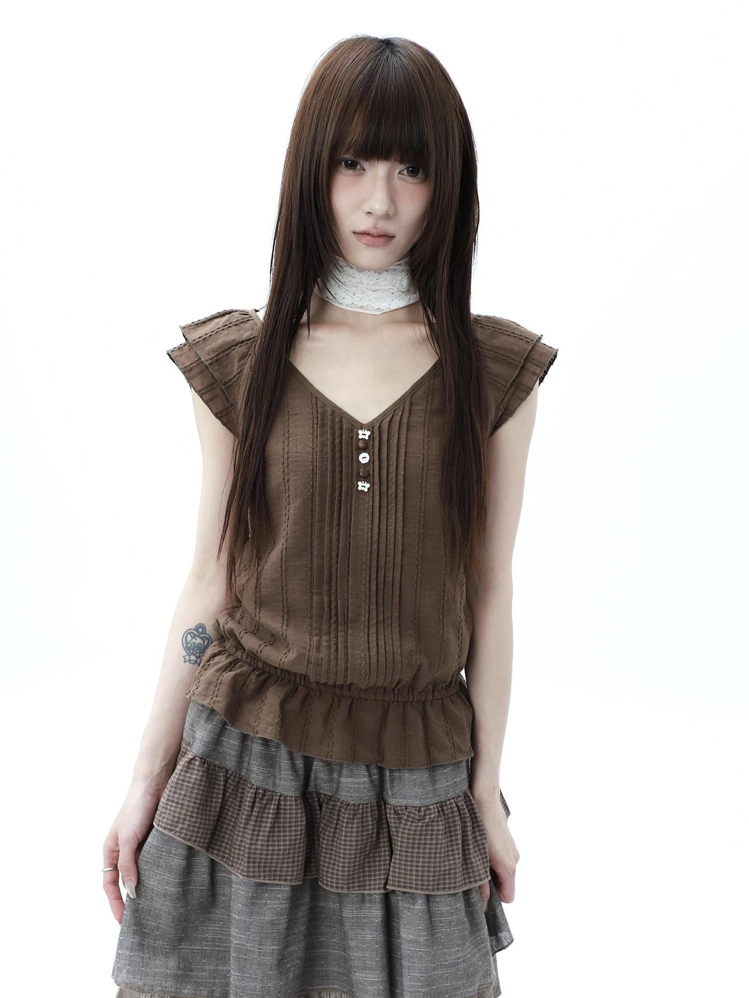 ang project Textured Pleated Ruffle V-neck Flutter Sleeve Women&