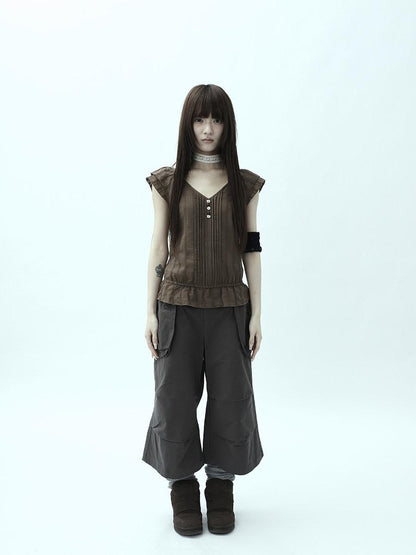 ang project Textured Pleated Ruffle V-neck Flutter Sleeve Women&