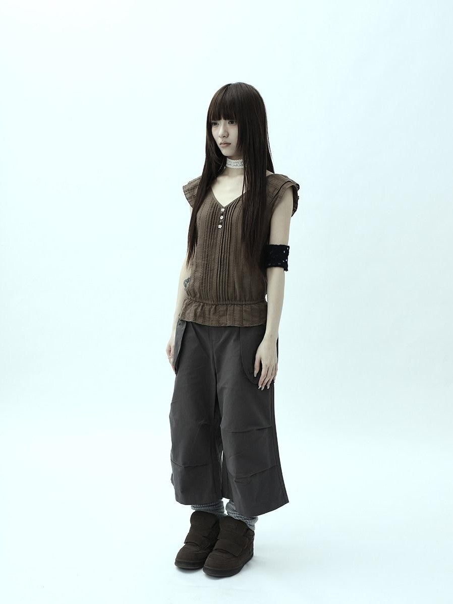 ang project Textured Pleated Ruffle V-neck Flutter Sleeve Women&