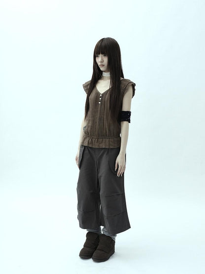 ang project Textured Pleated Ruffle V-neck Flutter Sleeve Women&