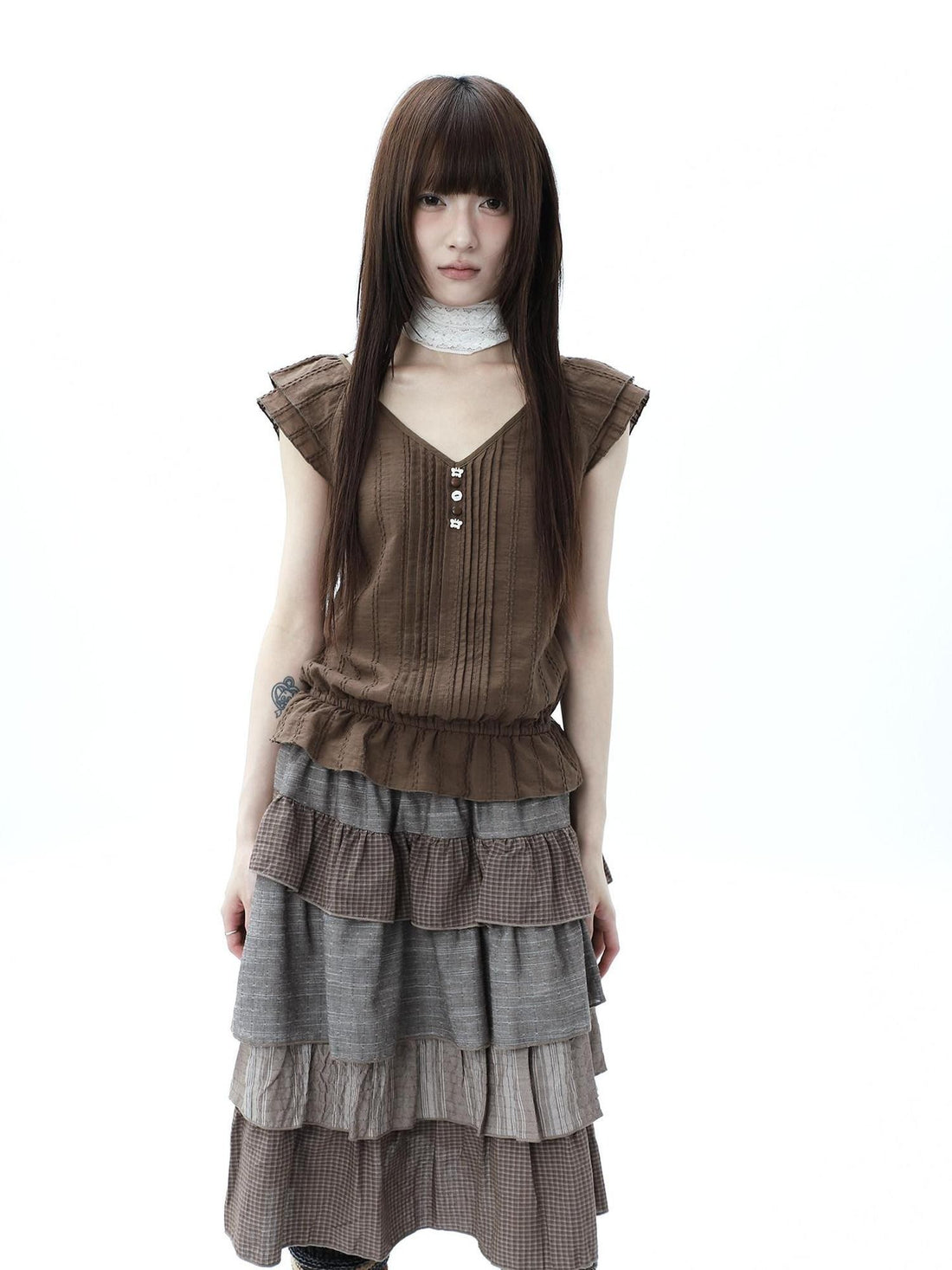 ang project Textured Pleated Ruffle V-neck Flutter Sleeve Women&