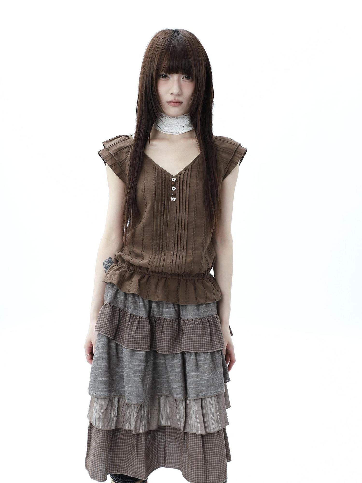 ang project Textured Pleated Ruffle V-neck Flutter Sleeve Women&