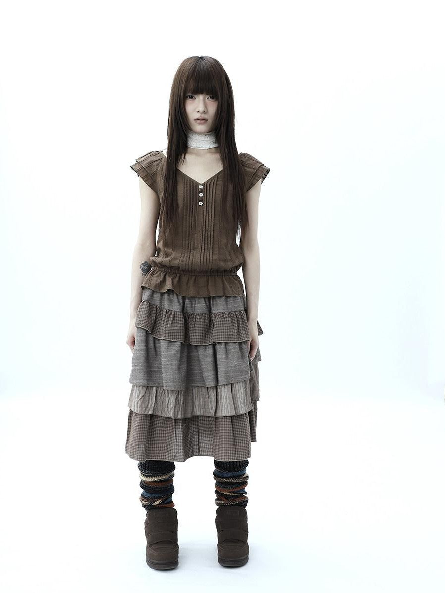 ang project Textured Pleated Ruffle V-neck Flutter Sleeve Women&
