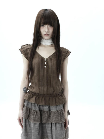 ang project Textured Pleated Ruffle V-neck Flutter Sleeve Women&