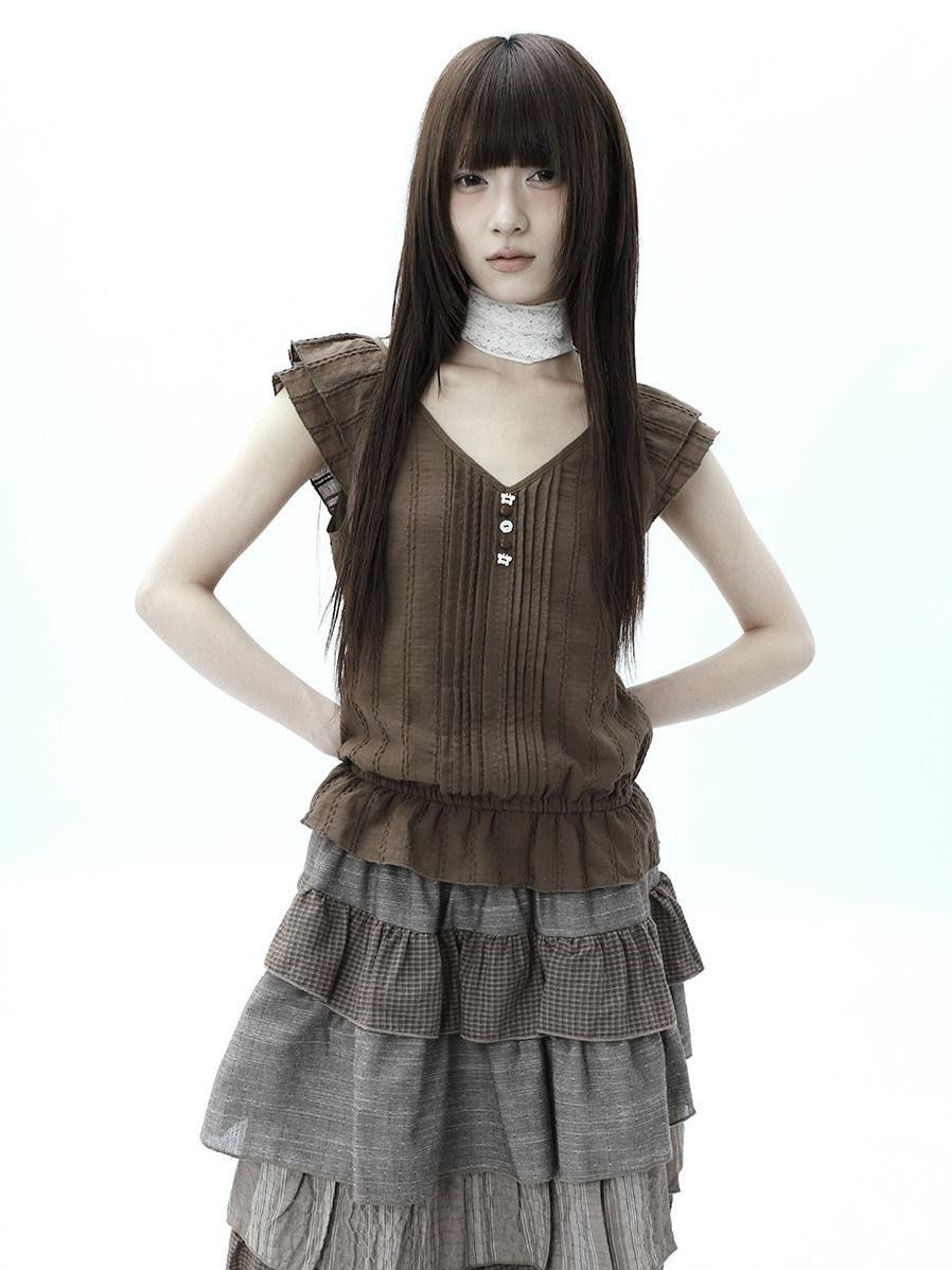 ang project Textured Pleated Ruffle V-neck Flutter Sleeve Women&