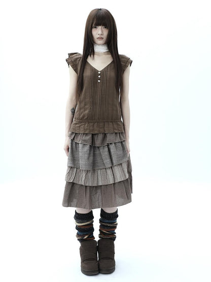 ang project Textured Pleated Ruffle V-neck Flutter Sleeve Women&