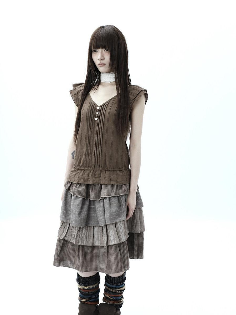 ang project Textured Pleated Ruffle V-neck Flutter Sleeve Women&