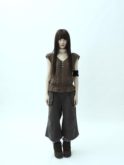ang project Textured Pleated Ruffle V-neck Flutter Sleeve Women&