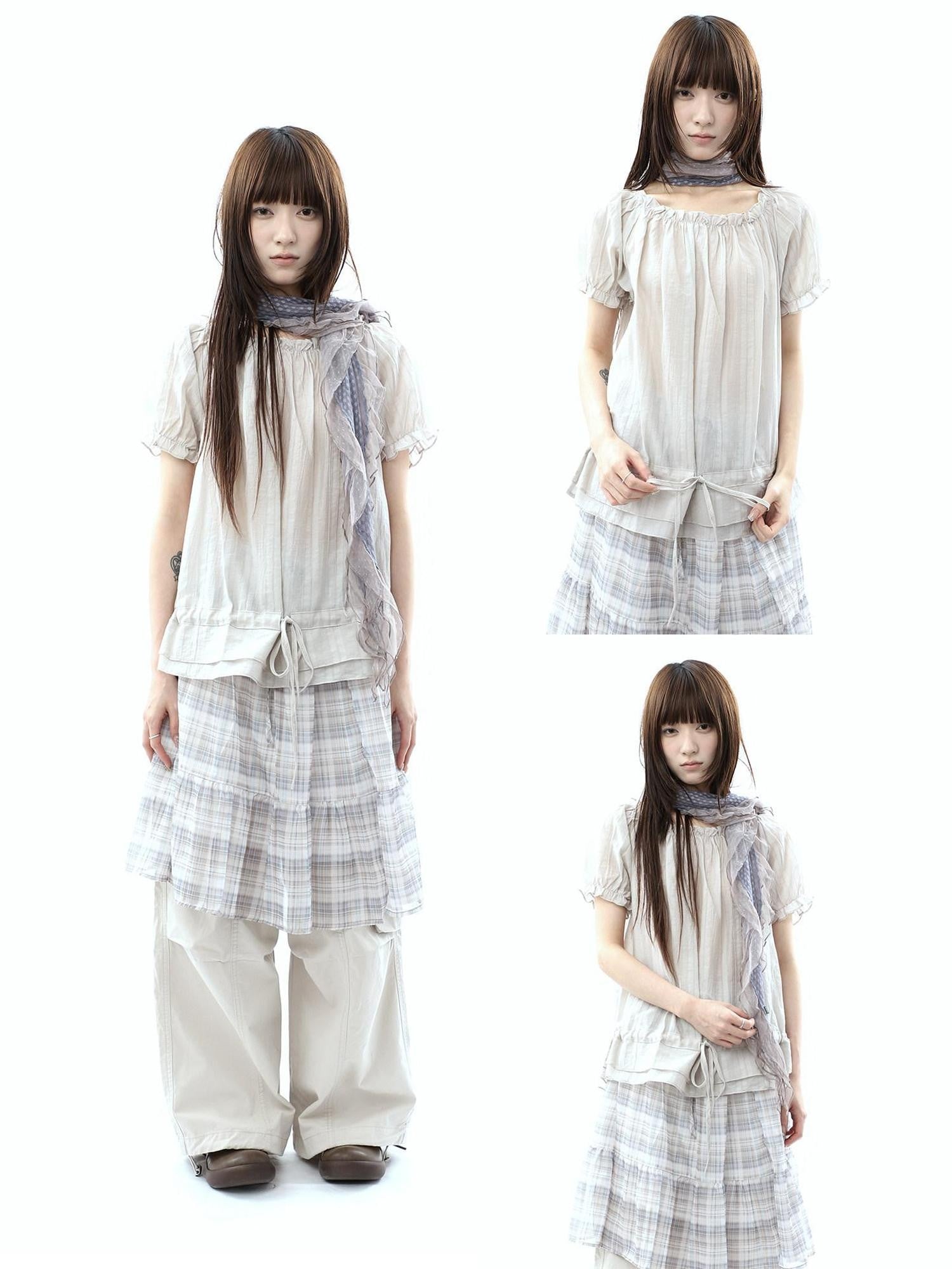 ang project Textured Puff Sleeve Round Neck Women&