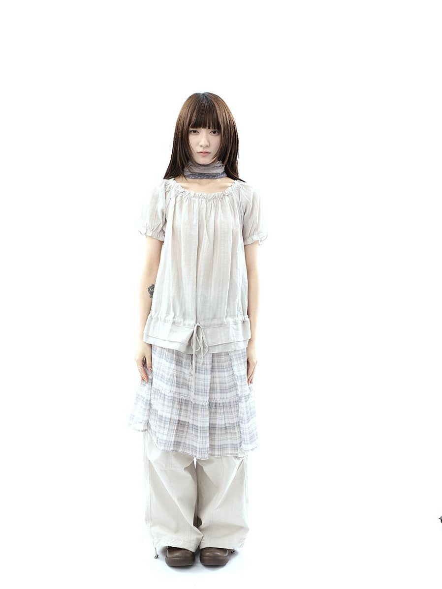 ang project Textured Puff Sleeve Round Neck Women&