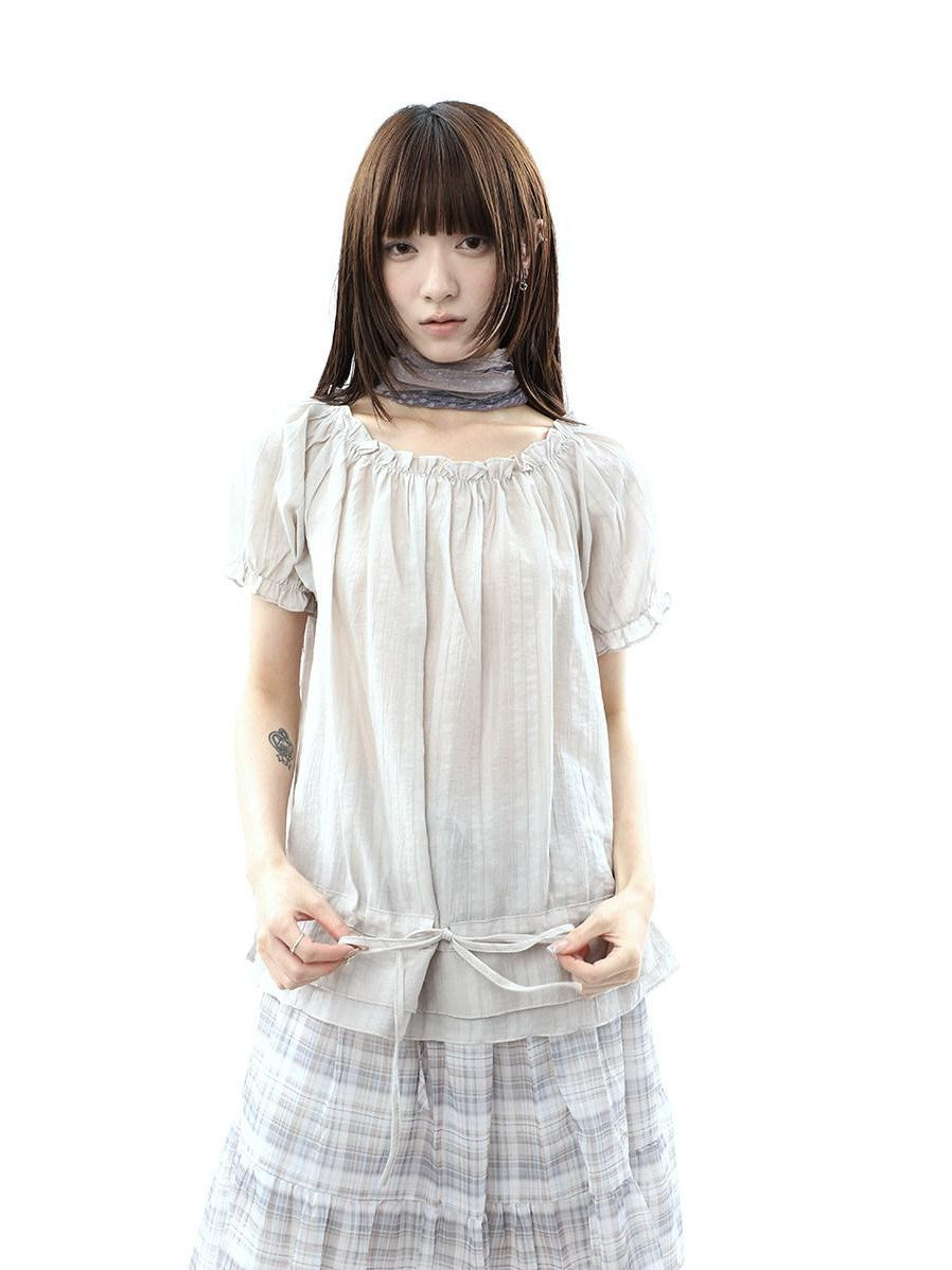 ang project Textured Puff Sleeve Round Neck Women&