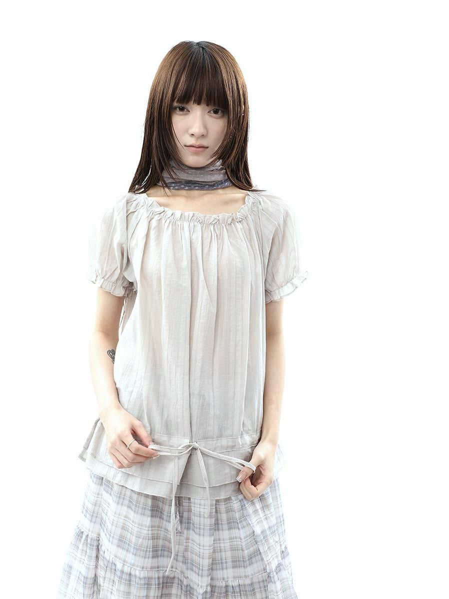 ang project Textured Puff Sleeve Round Neck Women&