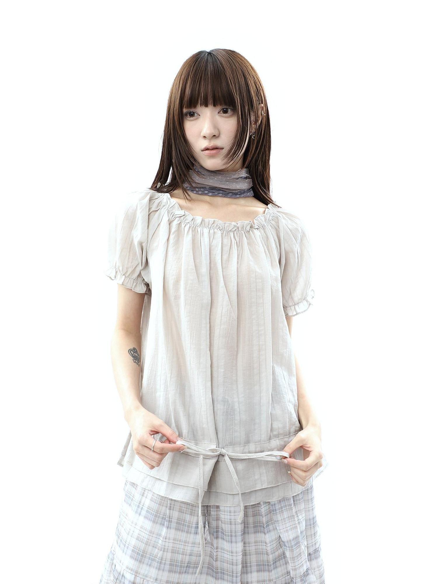 ang project Textured Puff Sleeve Round Neck Women&