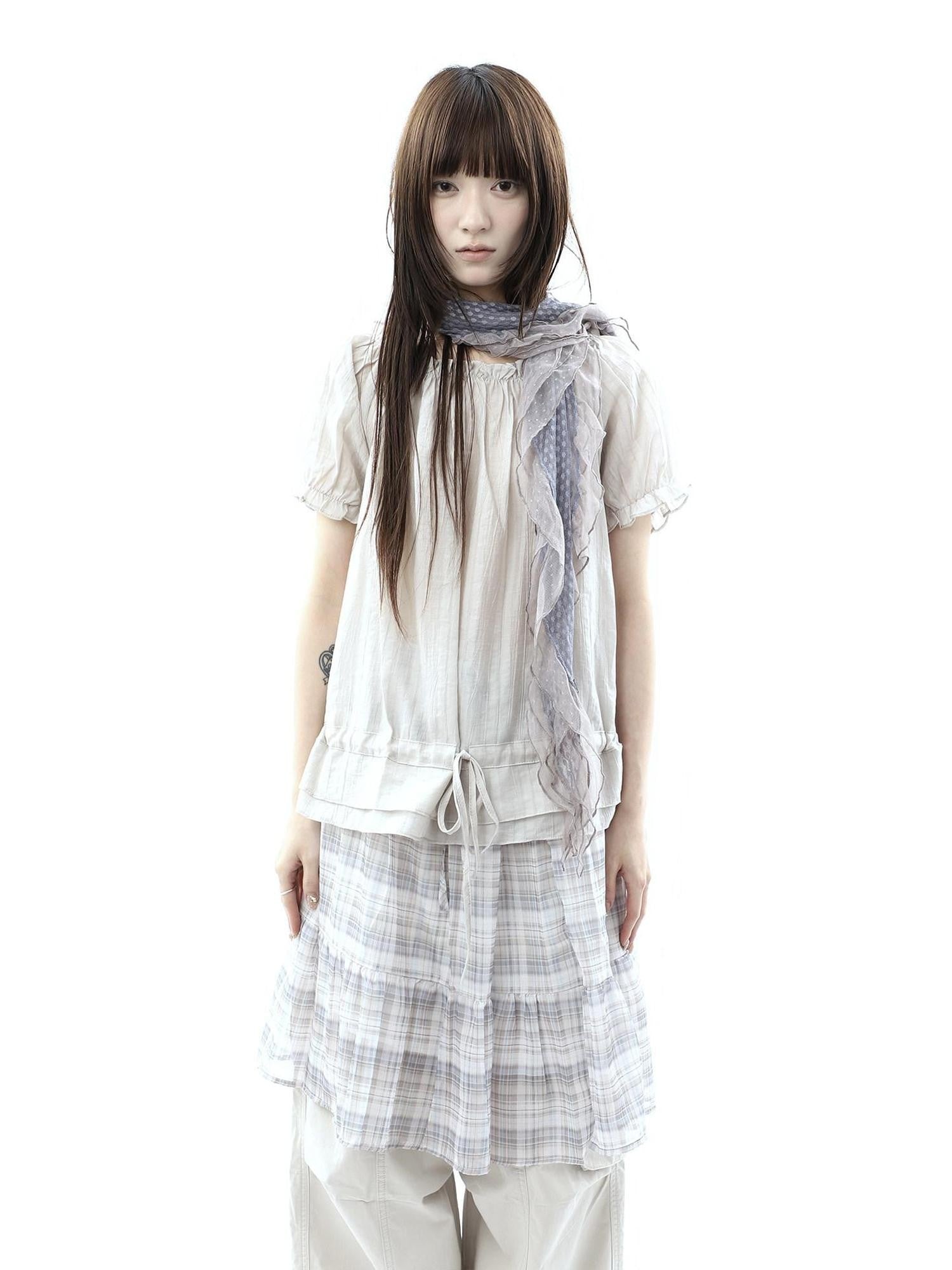 ang project Textured Puff Sleeve Round Neck Women&