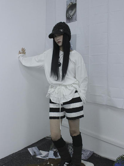 ang project Textured Stripe Knit Shorts Women Stretch Slim Fit Color Block