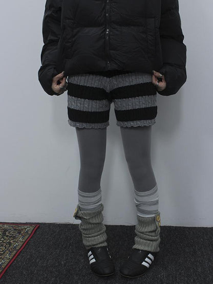 ang project Textured Stripe Knit Shorts Women Stretch Slim Fit Color Block