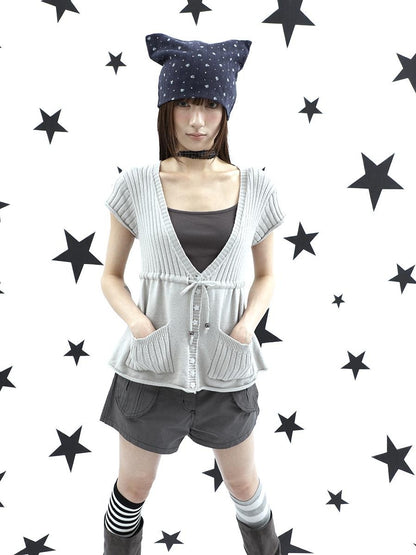 ang project Textured V-neck Drawstring Pocket Loose Women&