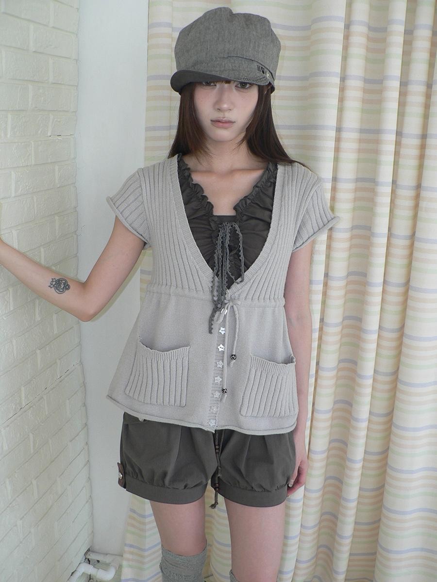 ang project Textured V-neck Drawstring Pocket Loose Women&