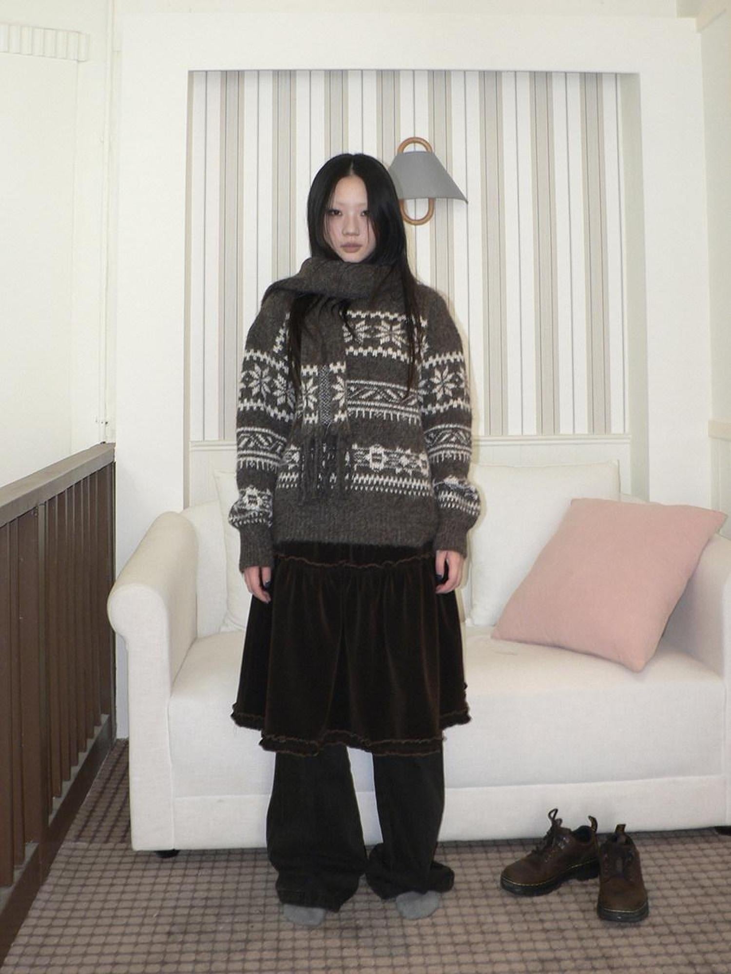 ang project Thermal Vintage Loose Printed Knit Women Crew Neck Coffee Brown Sweater